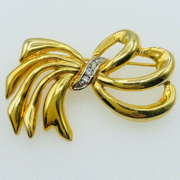 Swarovski Gold Tone Bow Brooch Pin Clear Crystal Rhinestones 2" - Picture 1 of 9